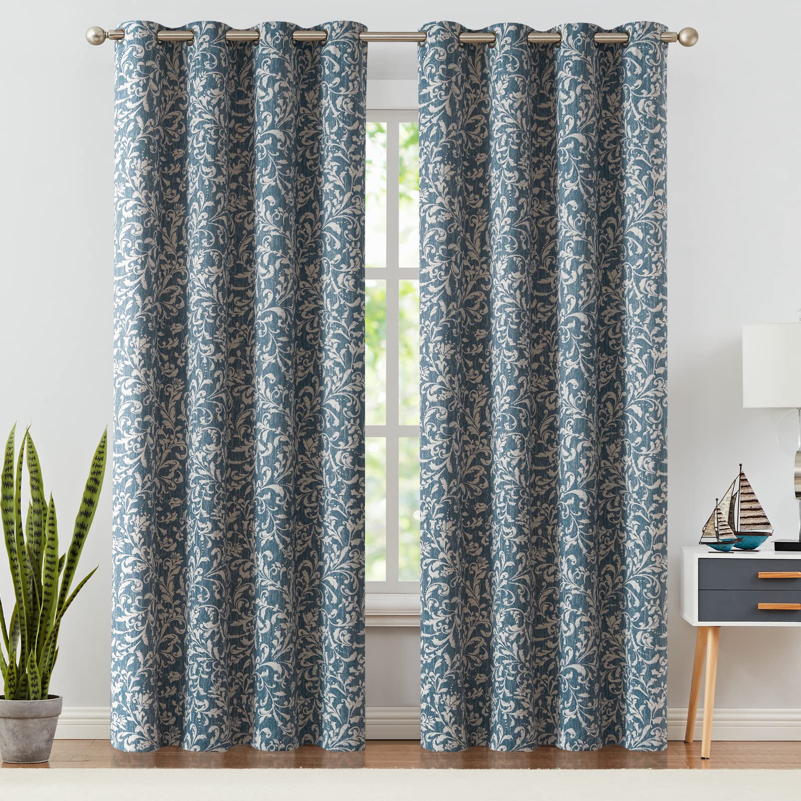 Jinchan 80% Blackout Curtains For Living Room, Farmhouse Drapes With Scroll Floral Patterned For Bedroom, Extra Long Grommet Thermal Insulated Curtains, Vintage Curtains108 Inch Length 2 Panels Blue